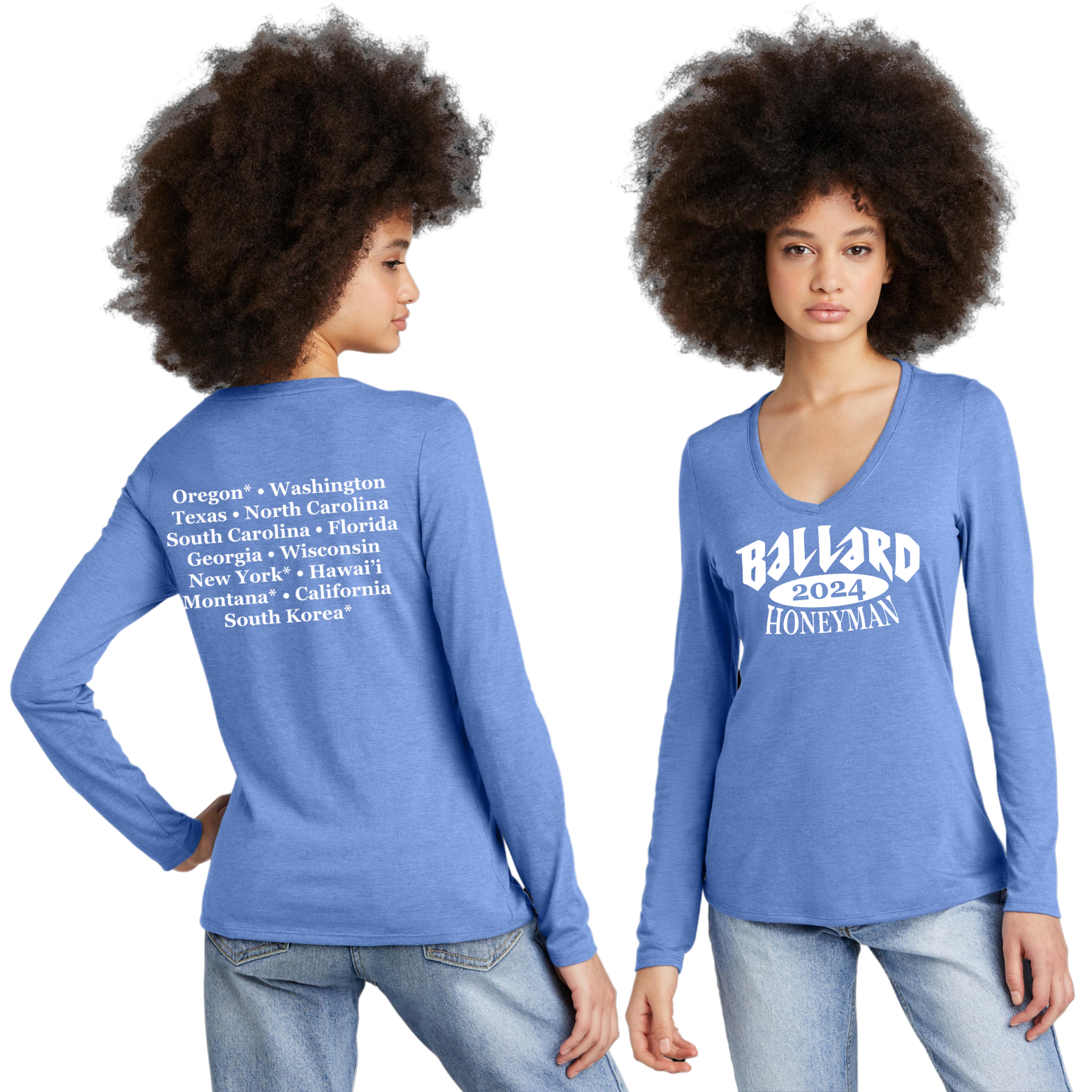 Ballard District Women’s Perfect Tri Long Sleeve V-Neck Tee with Screen Printed Logo on Front and Back