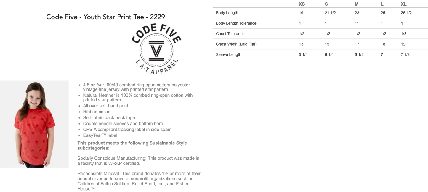 Ballard Code Five Star Print Tee with Screen Printed Logo on Front and Back