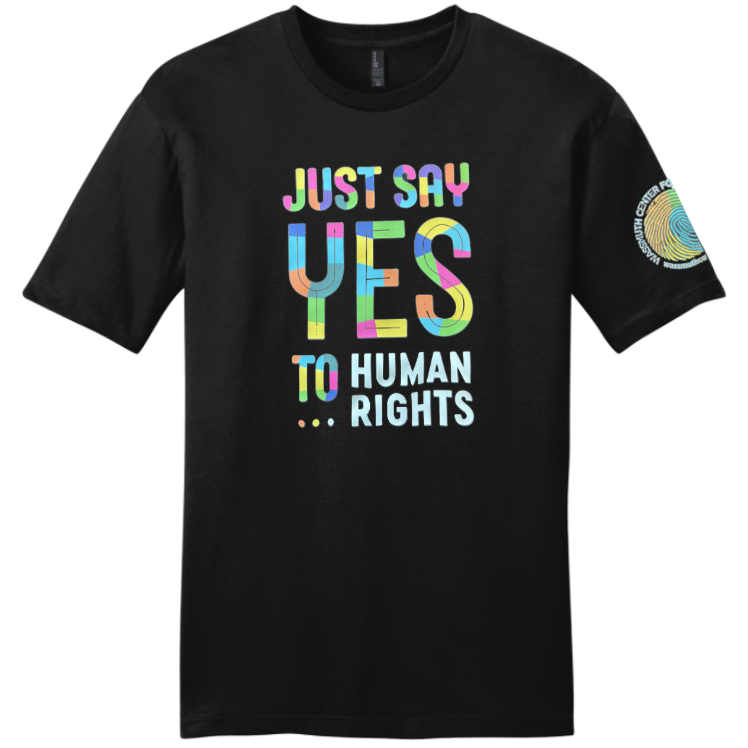 Wassmuth Tee with Human Rights Logo on Front and Finger Print Logo on Left Sleeve