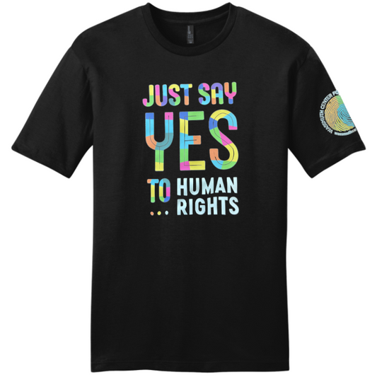 Wassmuth Tee with Human Rights Logo on Front and Finger Print Logo on Left Sleeve